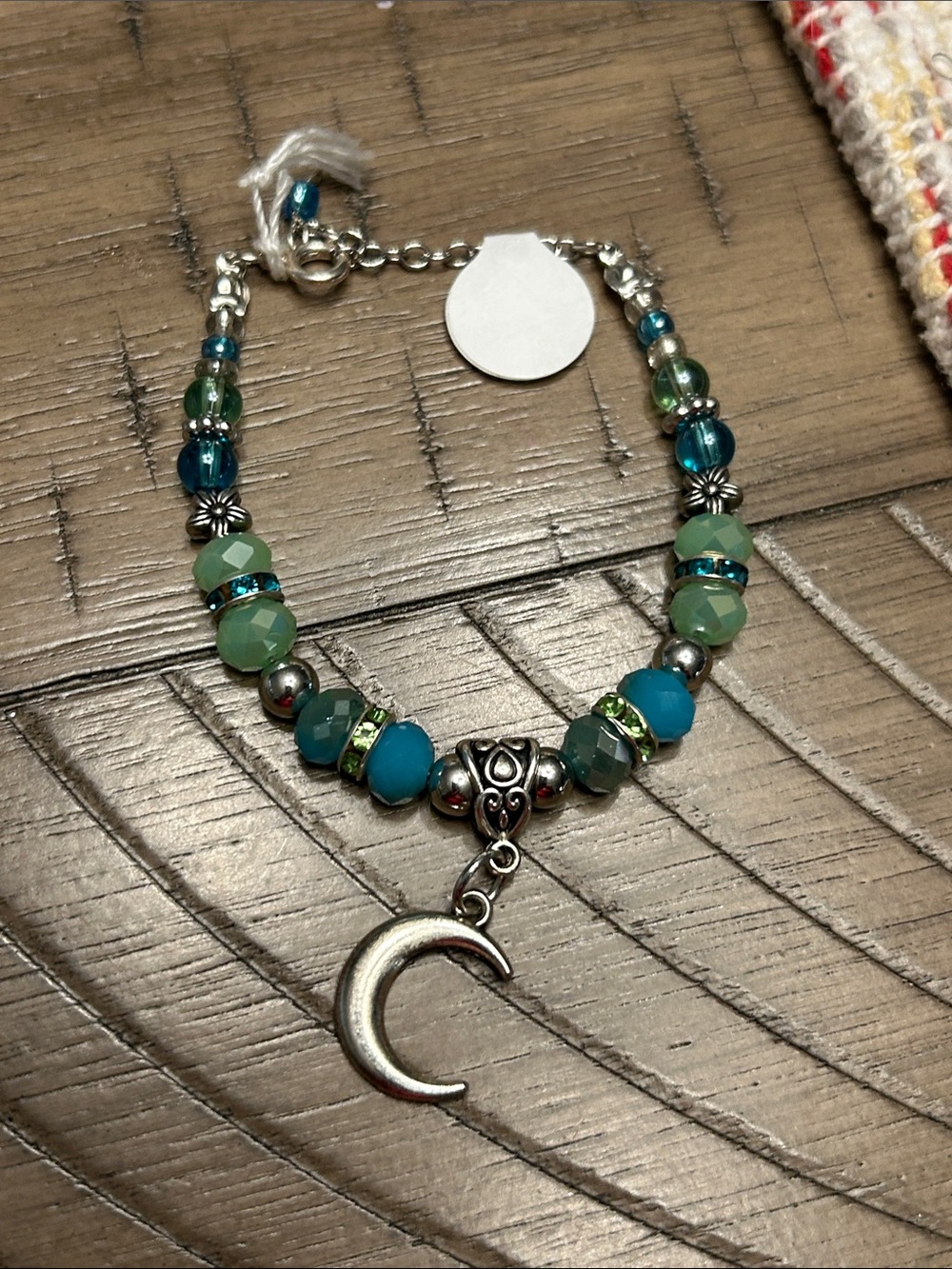 Silver Crescent Moon Beaded Bracelet in Teal and Green